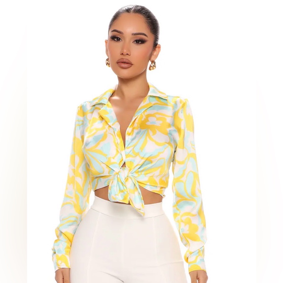 Timing Yellow And Aqua Floral Button-Up Top